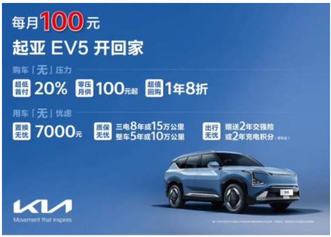 月供低至100元 新车开回家 起亚EV5推出九重超值钜惠购车礼遇